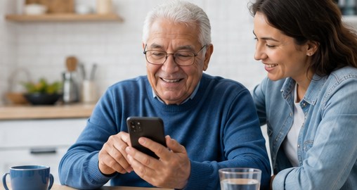 Persona mayor usando WhatsApp acompañada de un familiar